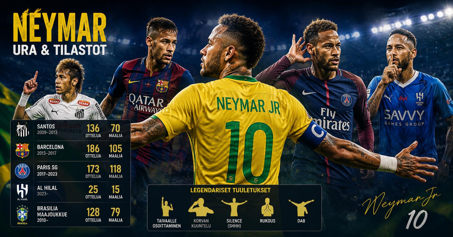 Neymar ura ja tilastot – legendaariset tuuletukset